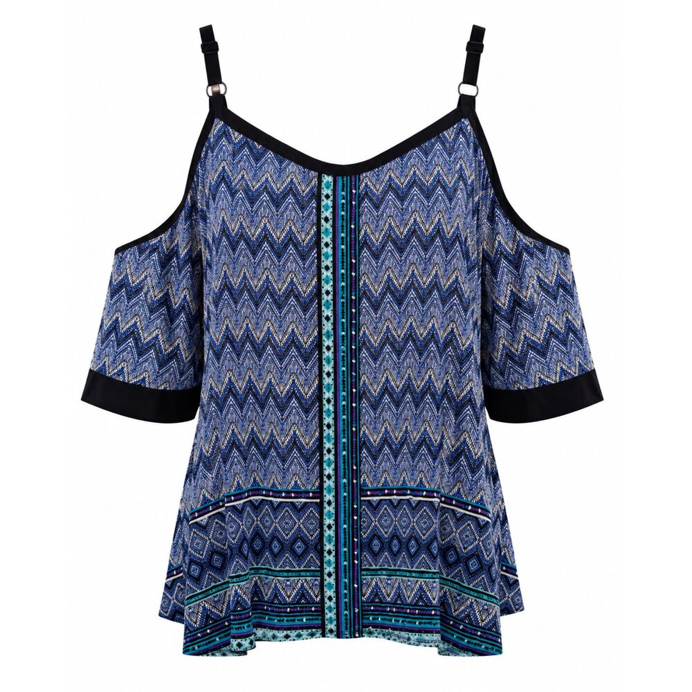 Avenue Cold Shoulder Chevron Boho Top 26/28 Blue Teal Plus Size NWT
